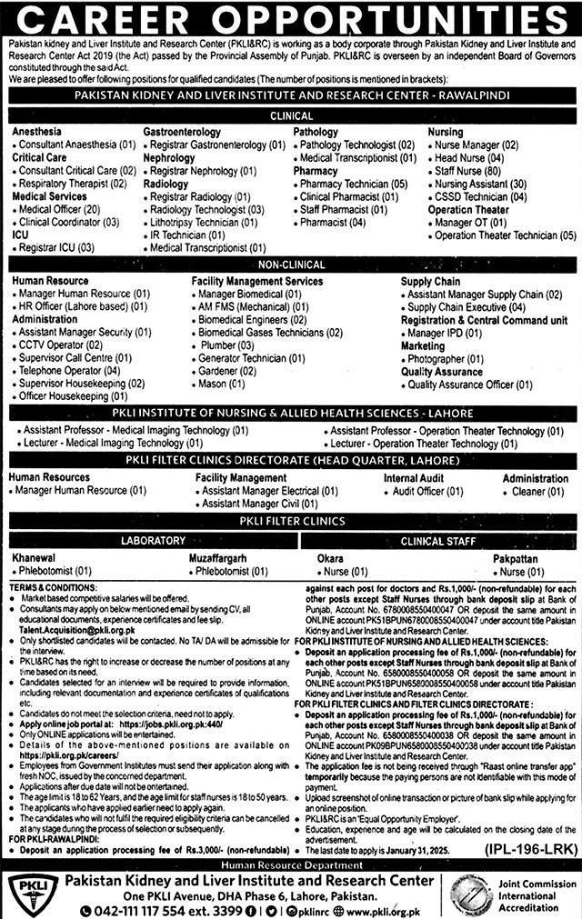 Pakistan Kidney and Liver Hospital Jobs 2025