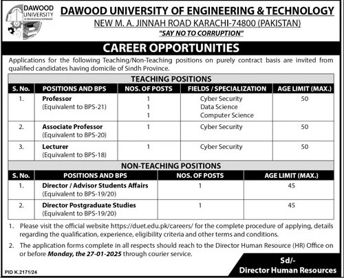 Dawood University of Engineering Karachi Jobs 2025 