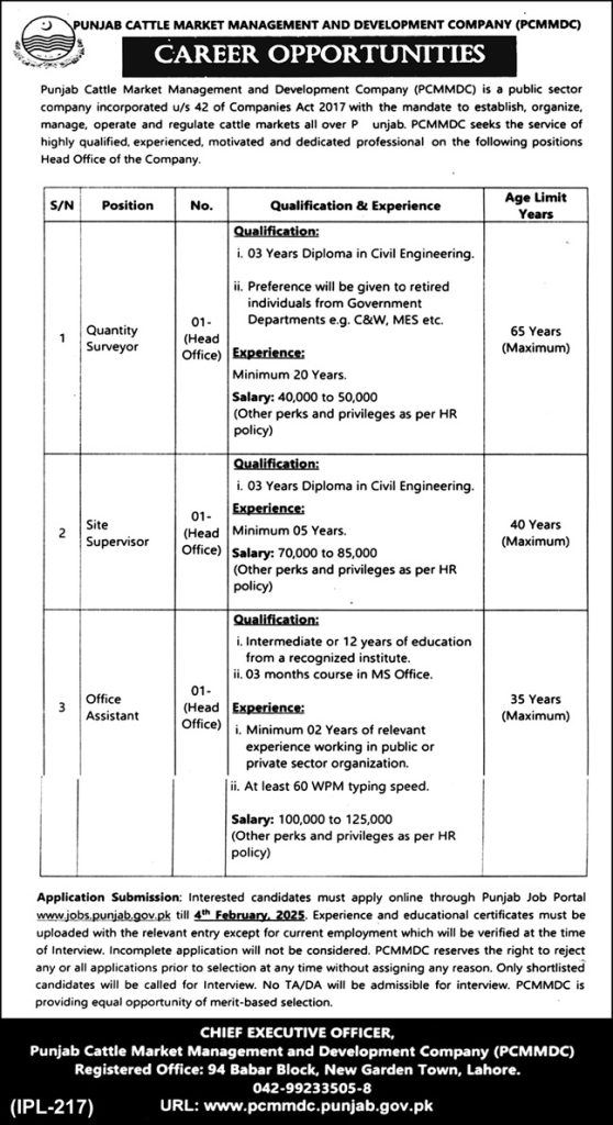 PCMMDC Jobs 2025 Punjab Cattle Market Management and Development Company