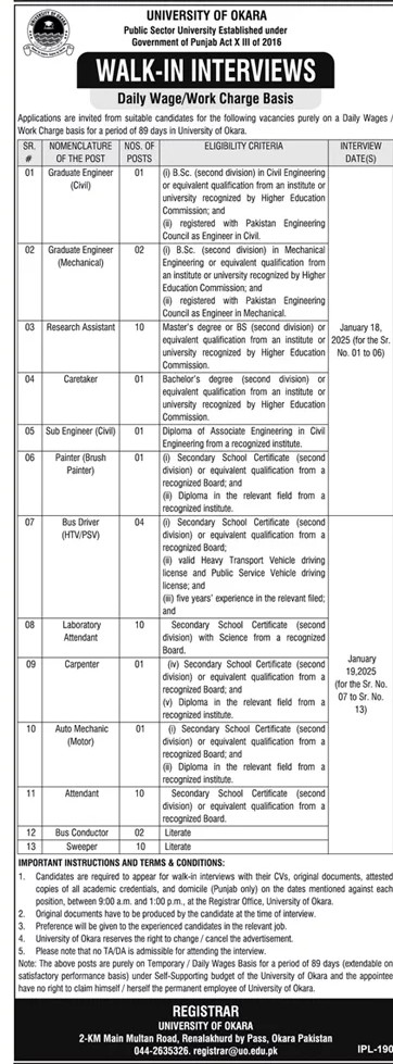 University of Okara Jobs 2025 for Graduates